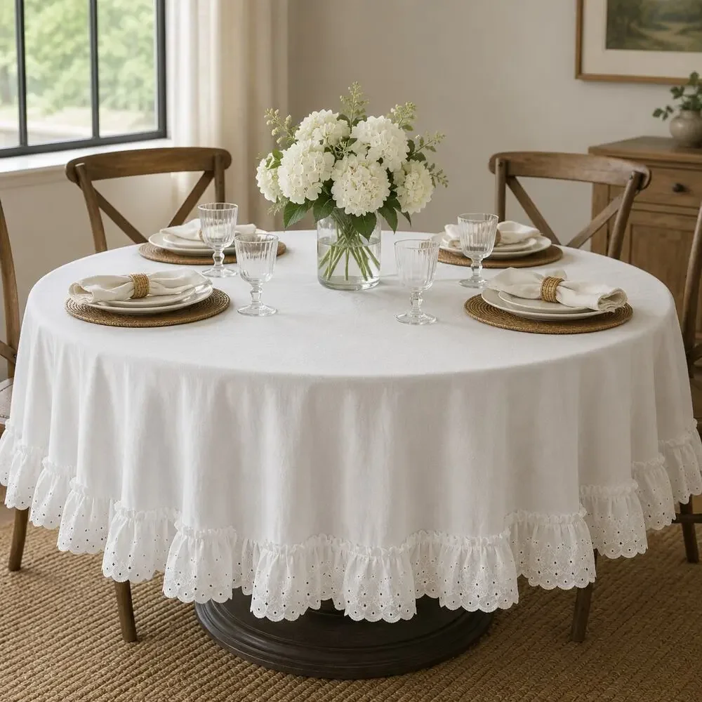 Round White Eyelet Ruffle Tablecloth Cottagecore Farmhouse 69 Inch